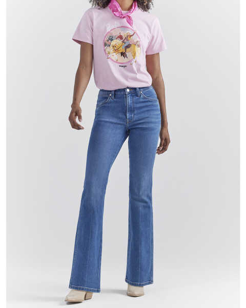 Image #6 - Wrangler® X Barbie™ Women's Medium Wash High Rise Westward Pink Patch Stretch Bootcut Jeans , Medium Wash, hi-res