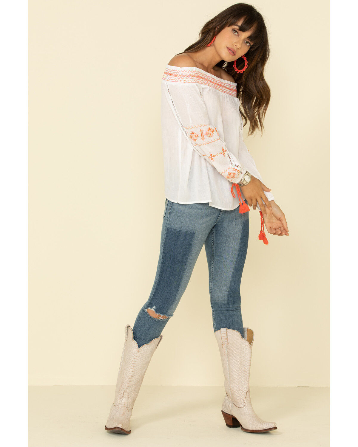 Image #3 - Wrangler Women's Embroidered Tassel Off Shoulder Top, Ivory, hi-res