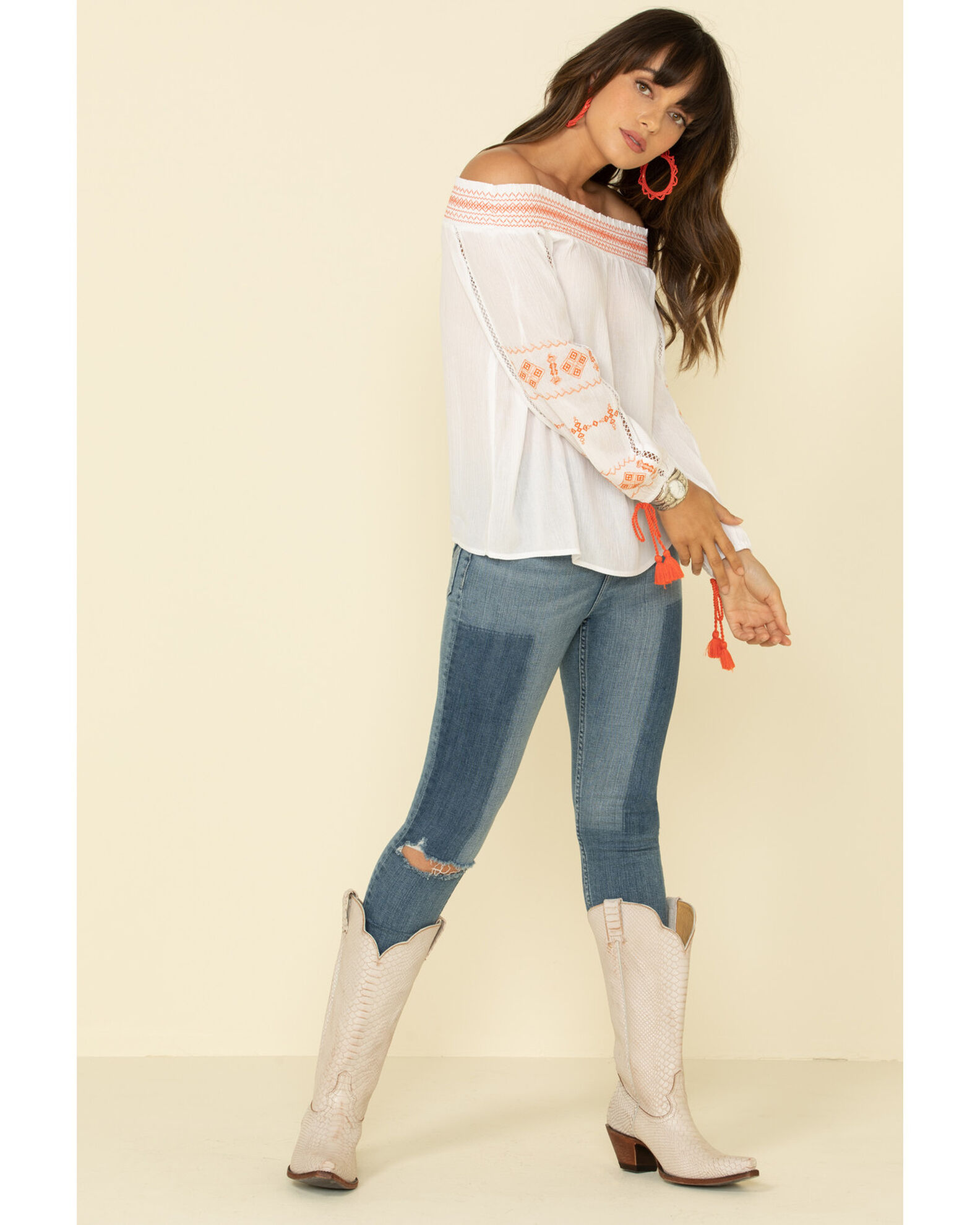 Image #3 - Wrangler Women's Embroidered Tassel Off Shoulder Top, Ivory, hi-res