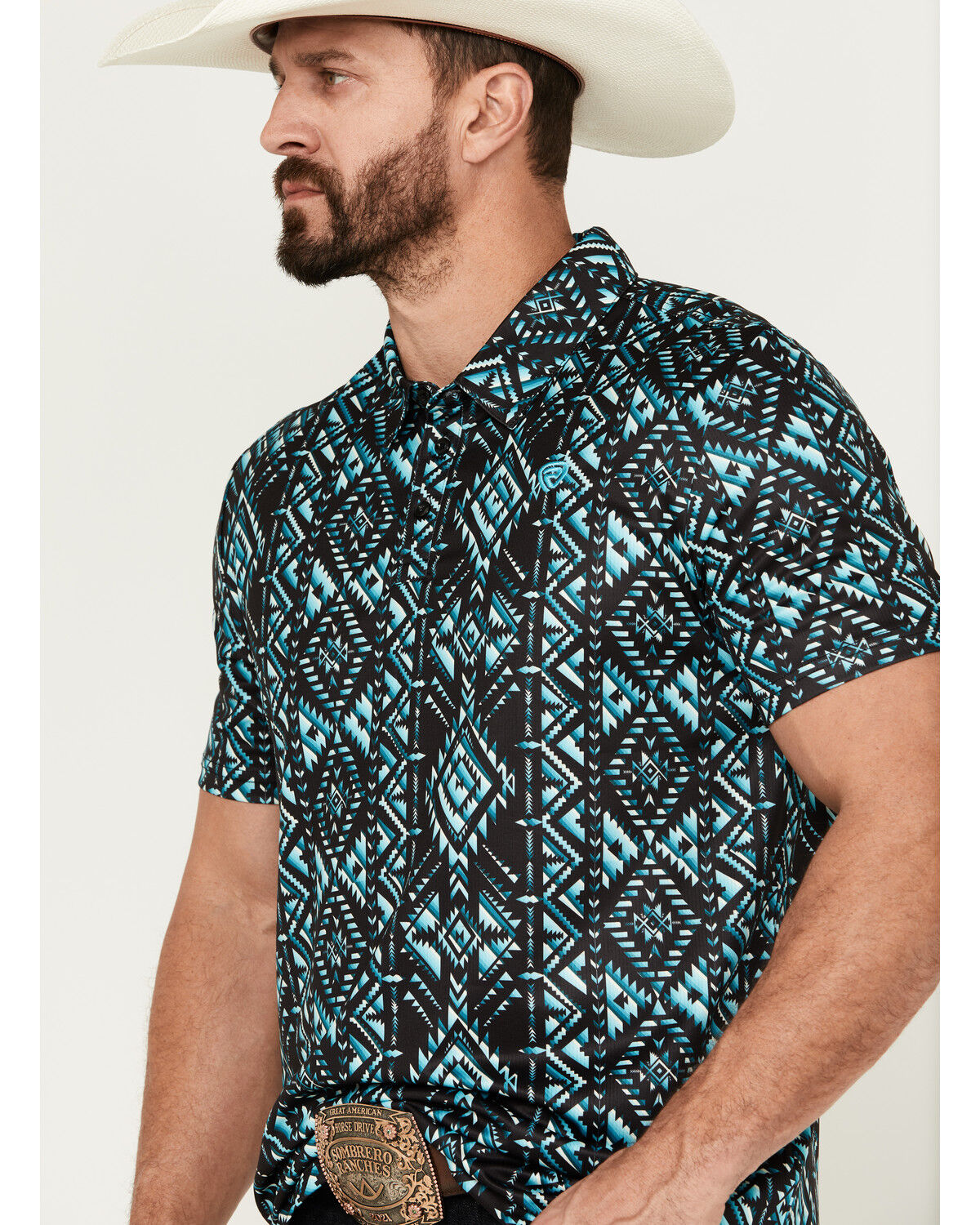 Image #2 - Rock & Roll Denim Men's Boot Barn Exclusive Southwestern Print Short Sleeve Polo Shirt, Turquoise, hi-res