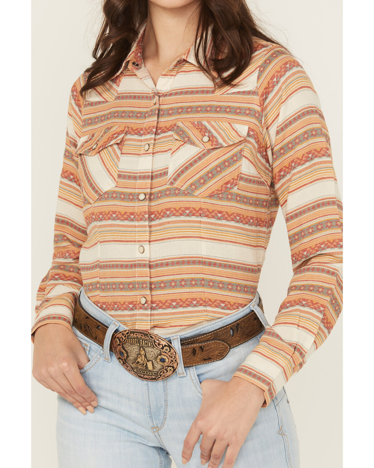 Image #3 - Panhandle Women's Striped Print Long Sleeve Snap Western Shirt, Cream, hi-res