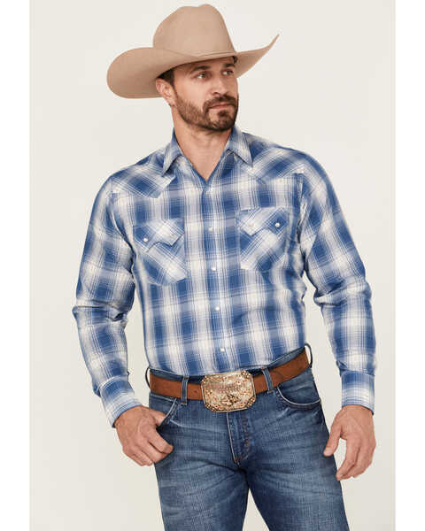 Ely Walker Men's Large Dobby Plaid Long Sleeve Snap Western Shirt , Navy, hi-res