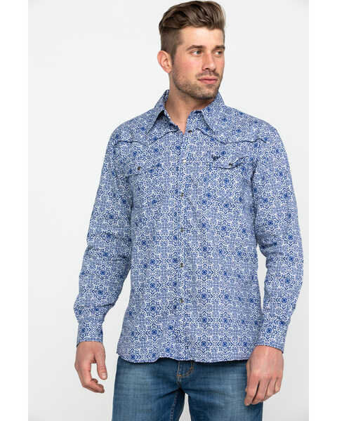 Cowboy Hardware Men's Traditional Plaid Print Long Sleeve Western Shirt , Navy, hi-res