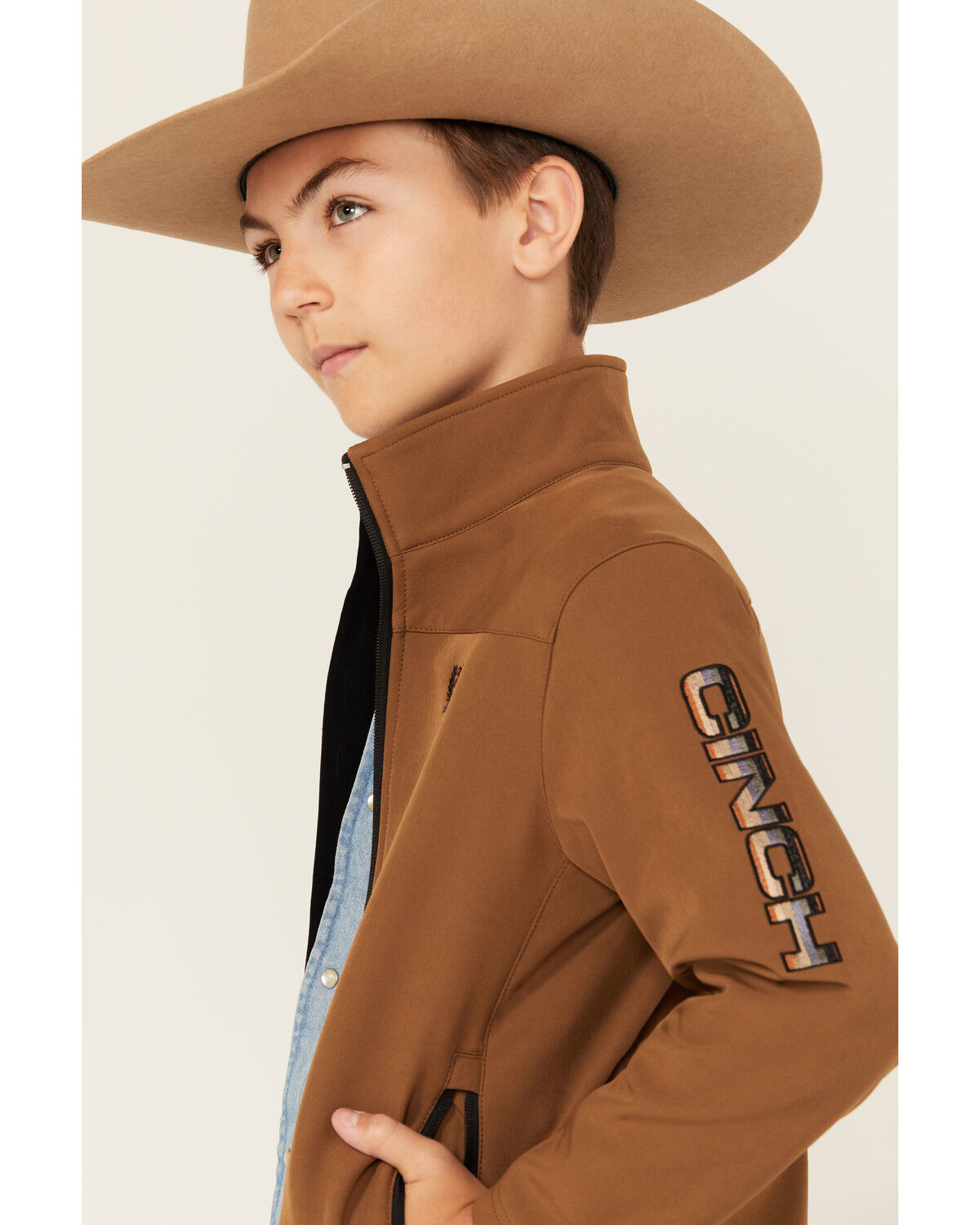 Image #2 - Cinch Boys' Logo Bonded Softshell Jacket, Brown, hi-res
