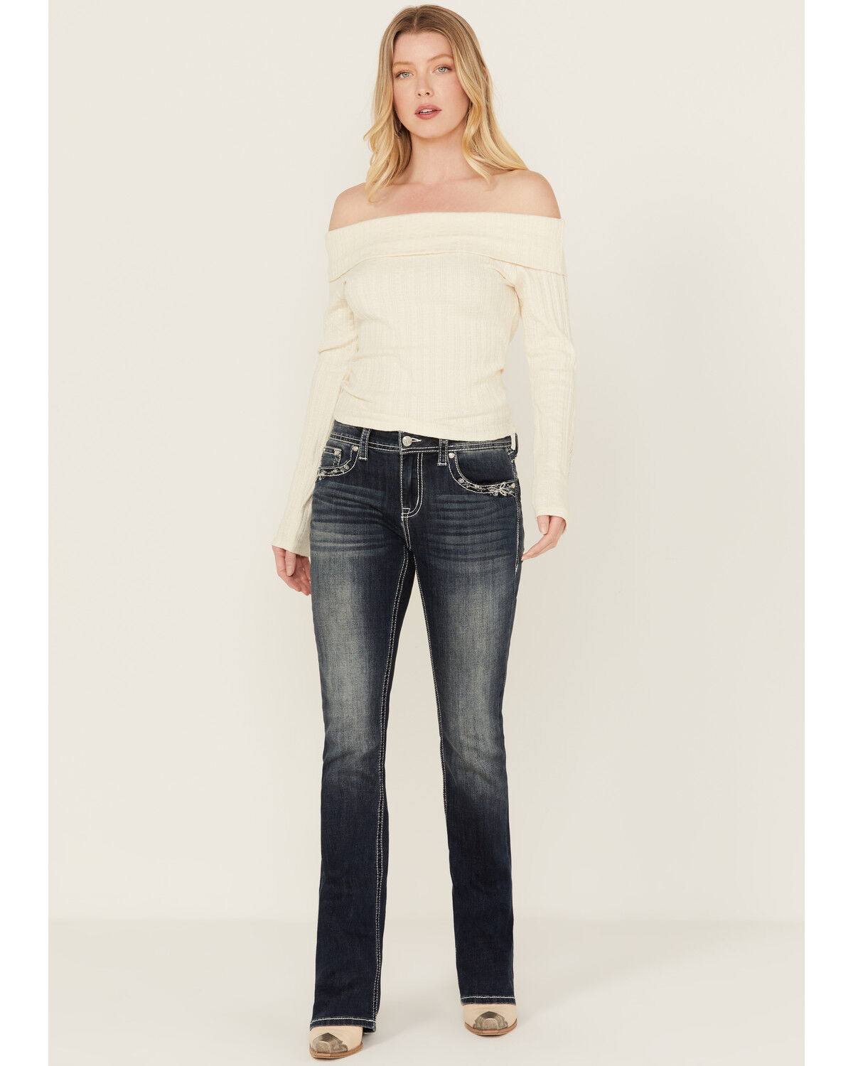 Image #3 - Grace in LA Women's Dark Wash Mid Rise Floral Pocket Bootcut Stretch Denim Jeans, Medium Wash, hi-res