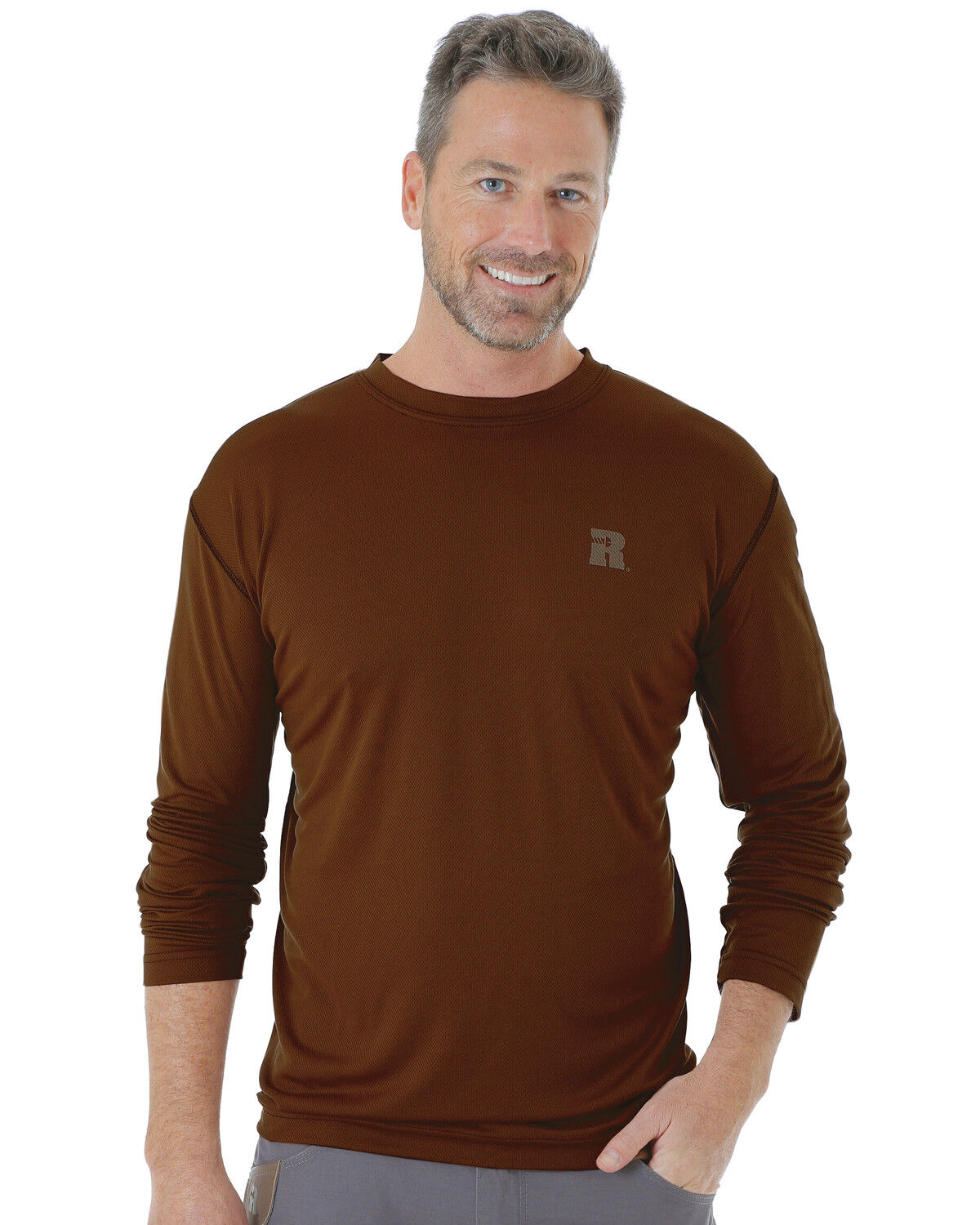 Image #1 - Wrangler Men's Riggs Crew Performance Long Sleeve Work T-Shirt, Brown, hi-res