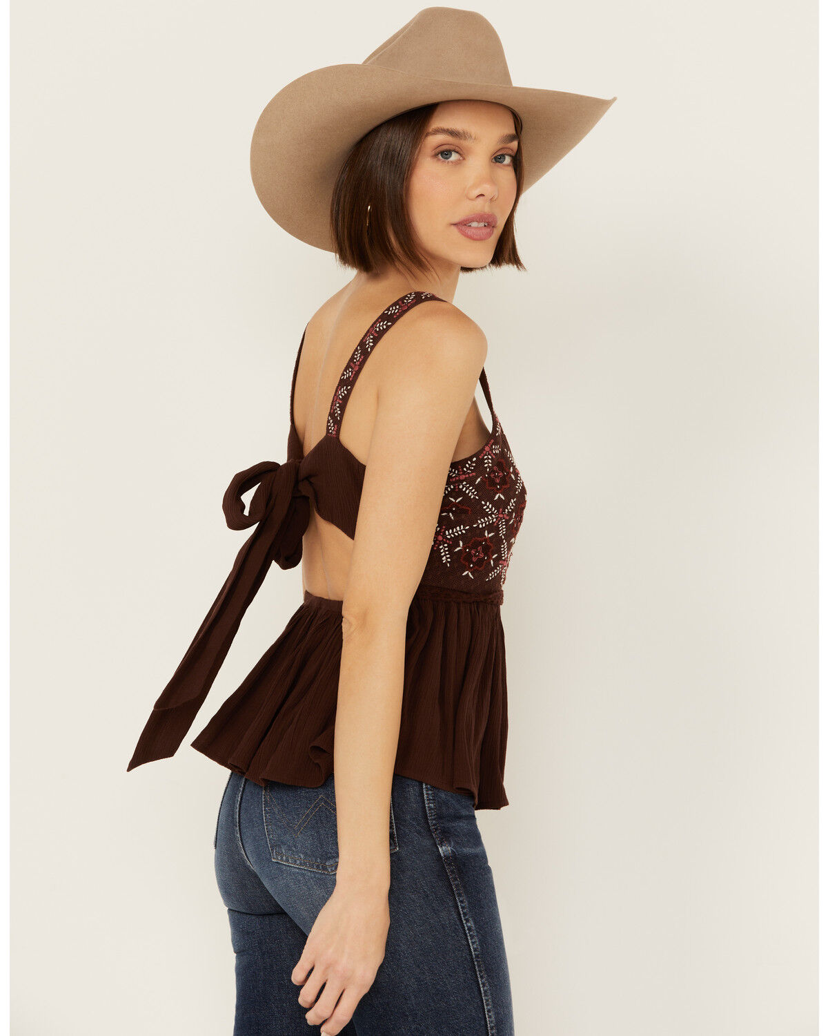 Image #2 - Shyanne Women's Tie Back Embellished Tank, Dark Brown, hi-res