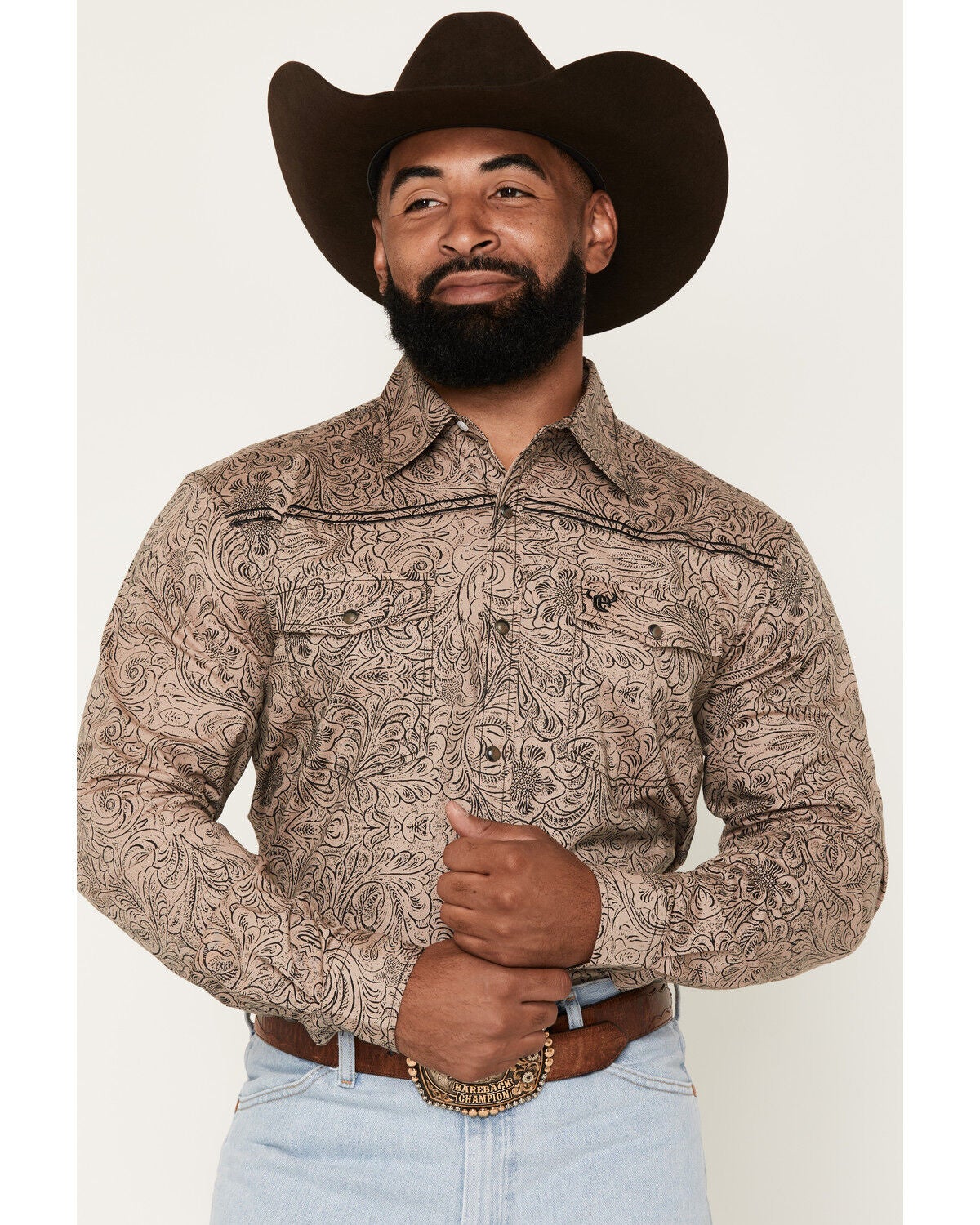 Image #1 - Cowboy Hardware Men's Tooled Floral Print Long Sleeve Snap Stretch Western Shirt, Tan, hi-res