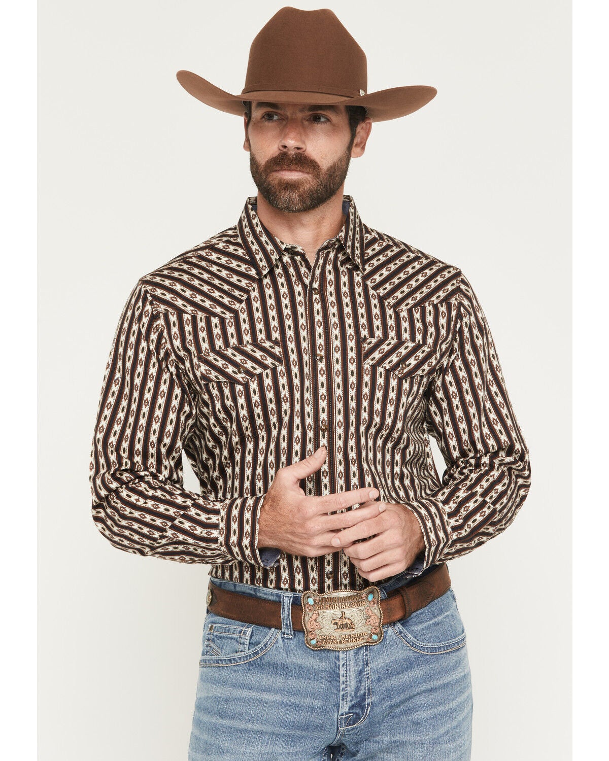 Cody James Men's Cowboys Legacy Southwestern Striped Long Sleeve Snap Western Shirt, Brown, hi-res