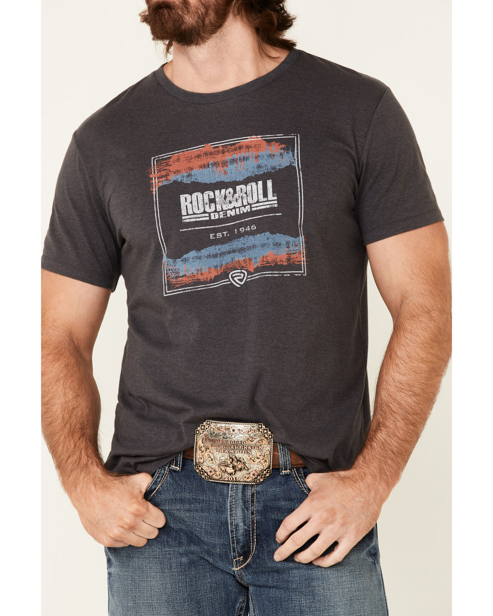 Image #3 - Rock & Roll Denim Men's Charcoal Square Graphic Short Sleeve T-Shirt, Charcoal, hi-res