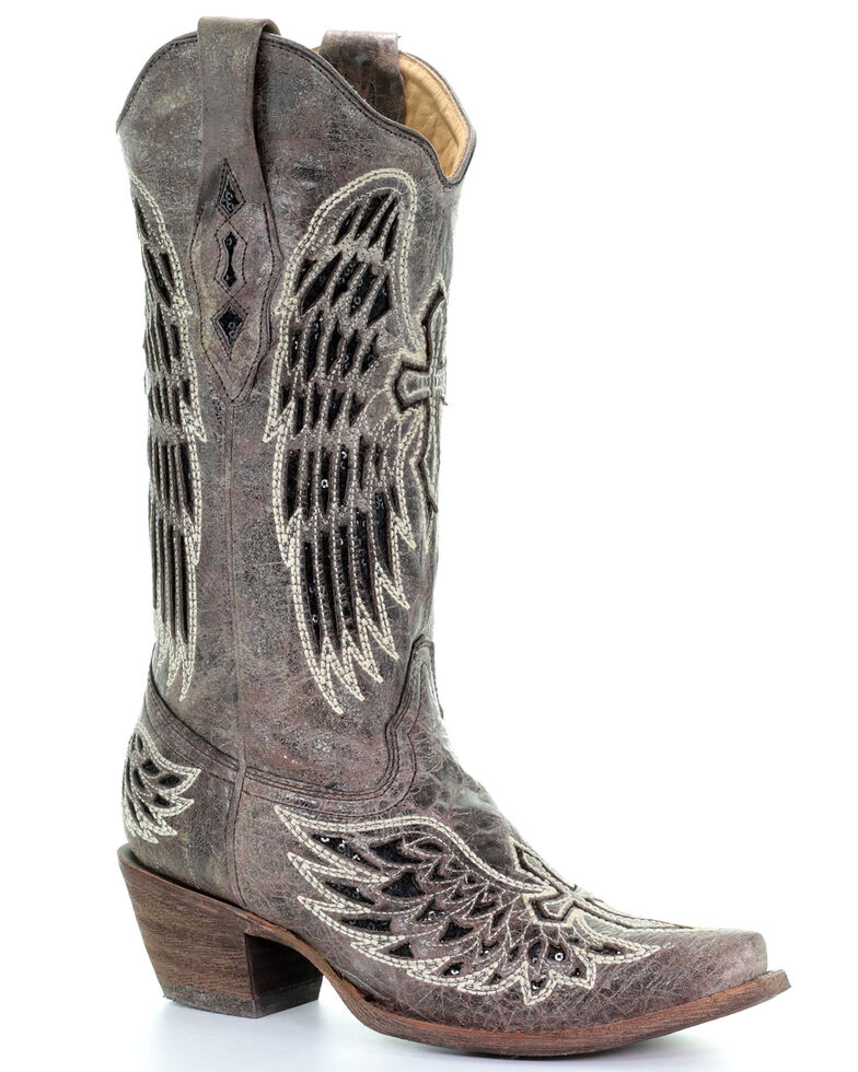 Corral Distressed Black Sequin Cross Wing Inlay Cowgirl Boots