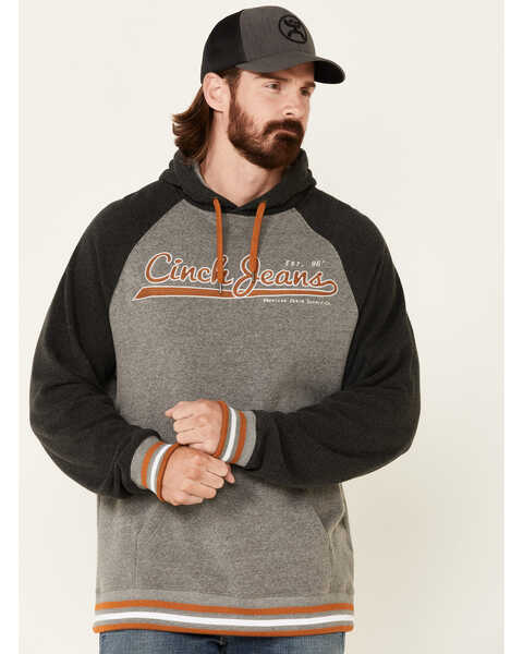 Image #1 - Cinch Men's Vintage Logo Raglan Hooded Sweatshirt , Grey, hi-res
