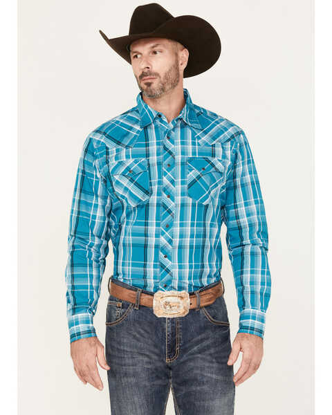 Wrangler Men's Plaid Print Long Sleeve Snap Western Shirt, Teal, hi-res