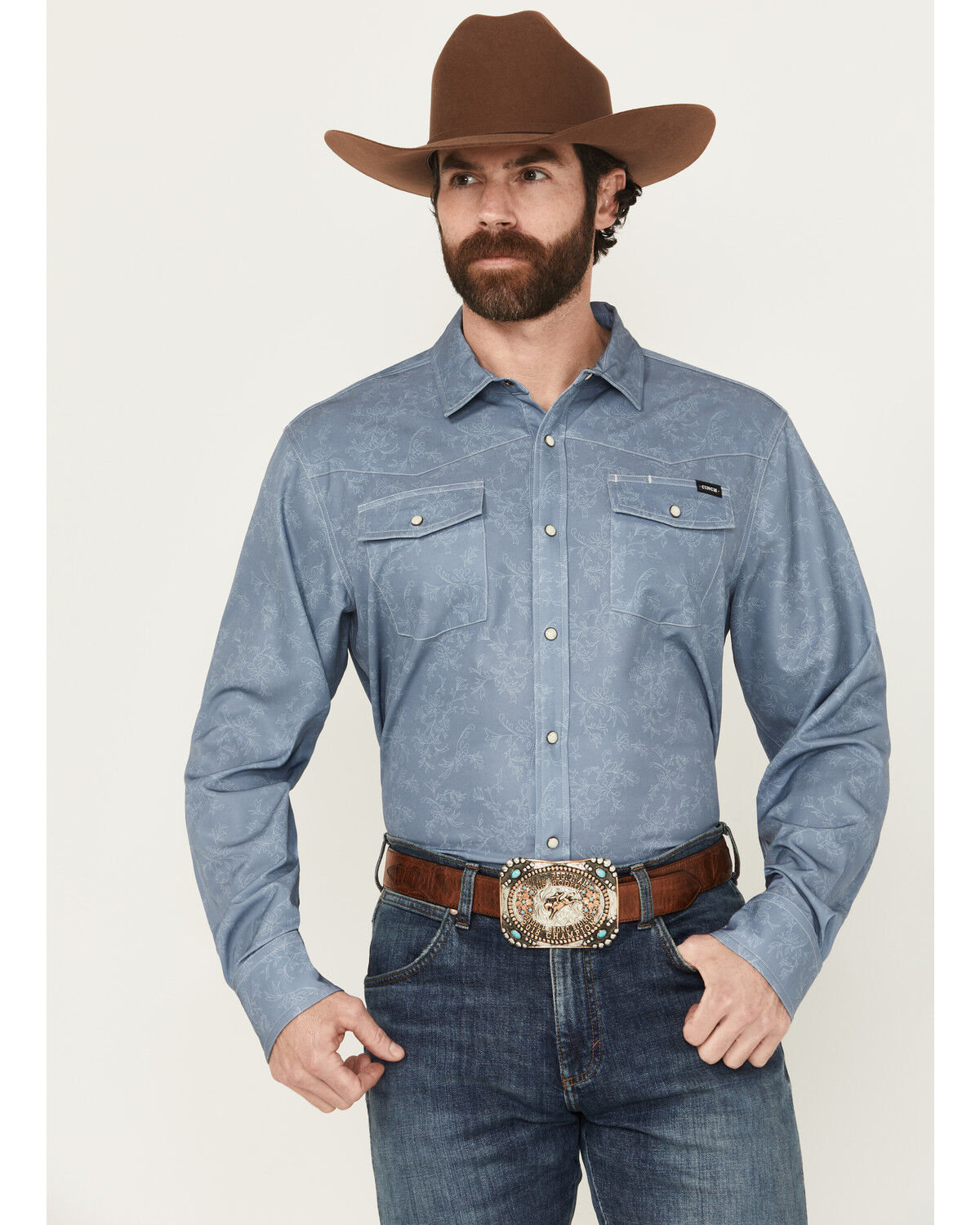 Image #1 - Cinch Men's Tonal Floral Long Sleeve Snap Performance Western Shirt, Blue, hi-res
