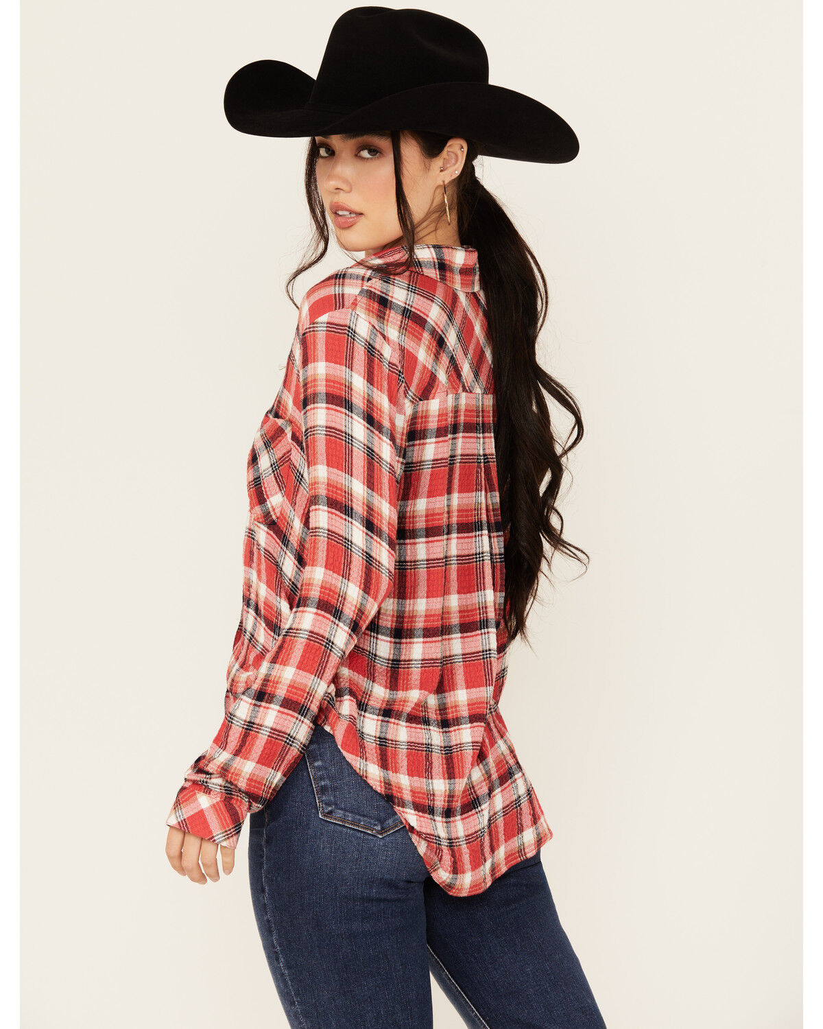 Image #4 - Beyond The Radar Women's Plaid Print Long Sleeve Button-Down Western Shirt, Red, hi-res