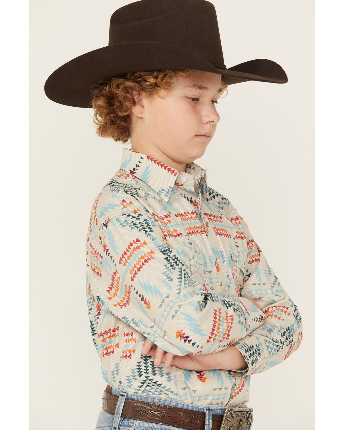 Image #3 - Rock & Roll Denim Boys' Southwestern Print Long Sleeve Pearl Snap Stretch Western Shirt, Ivory, hi-res
