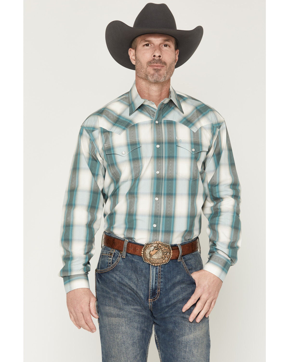 Stetson Men's Dobby Plaid Print Long Sleeve Snap Western Shirt, Blue, hi-res