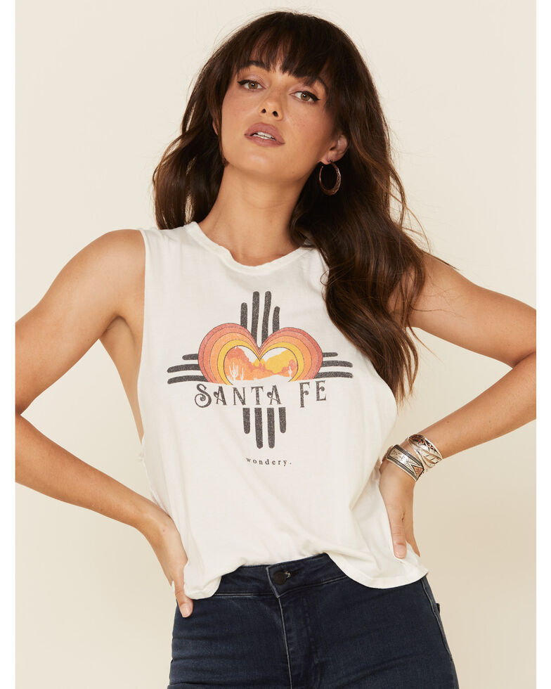 Wondery Women's White Santa Fe Graphic Muscle Tank Top , White, hi-res