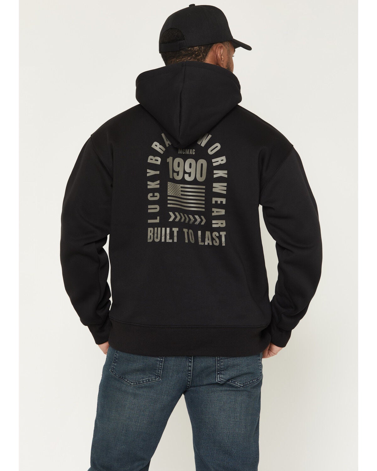 Image #1 - Lucky Brand Workwear Men's Flag Tracks Pullover Hooded Sweatshirt, Black, hi-res