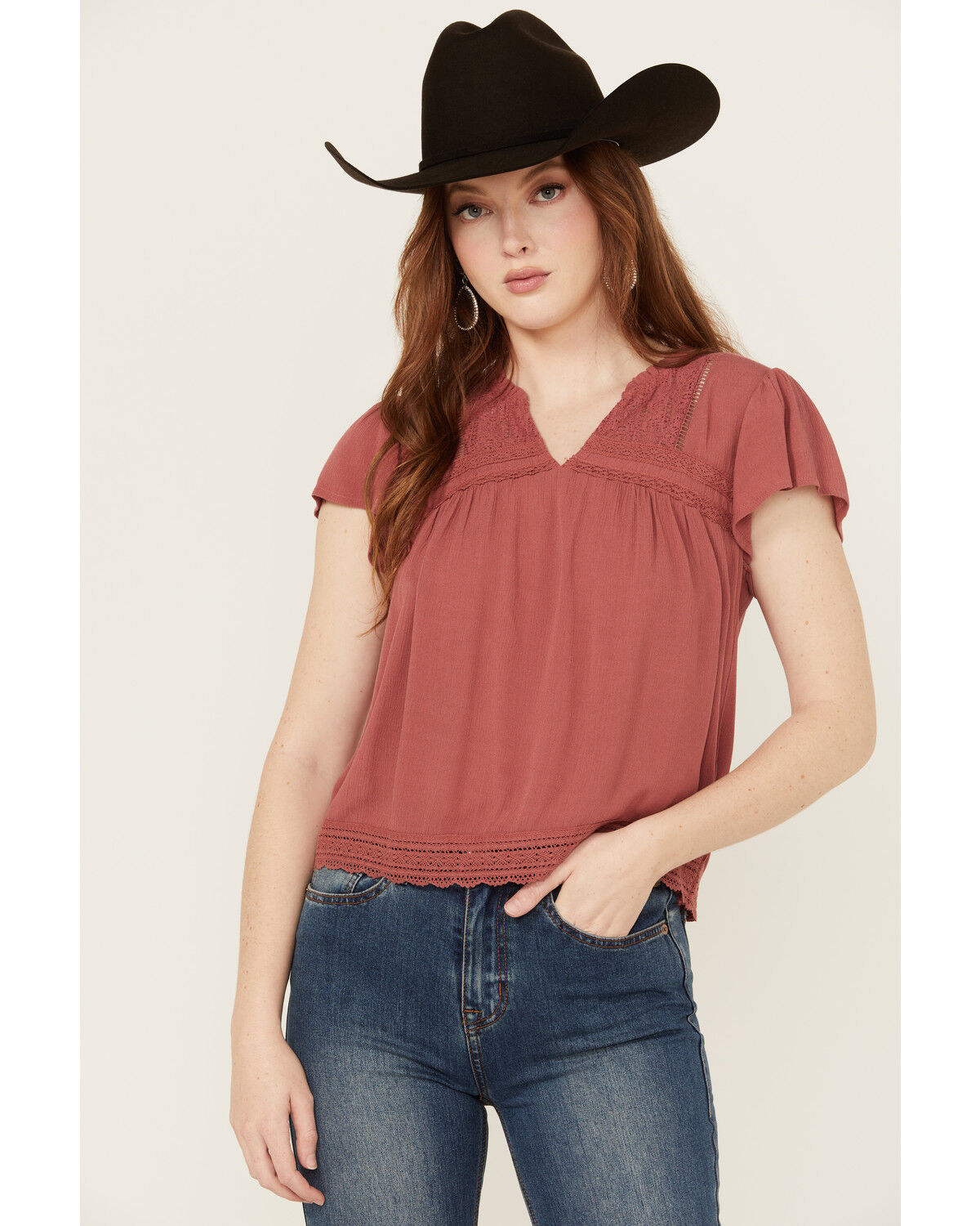 Image #1 - Jolt Women's Lace Trim Flutter Short Sleeve Top, , hi-res
