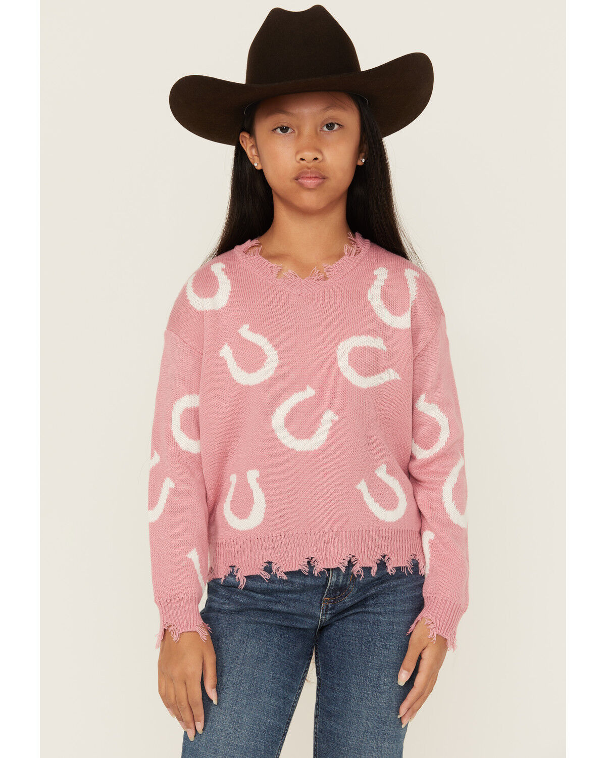 Image #1 - Self Esteem Girls' Horseshoe Sweater, Ivory, hi-res