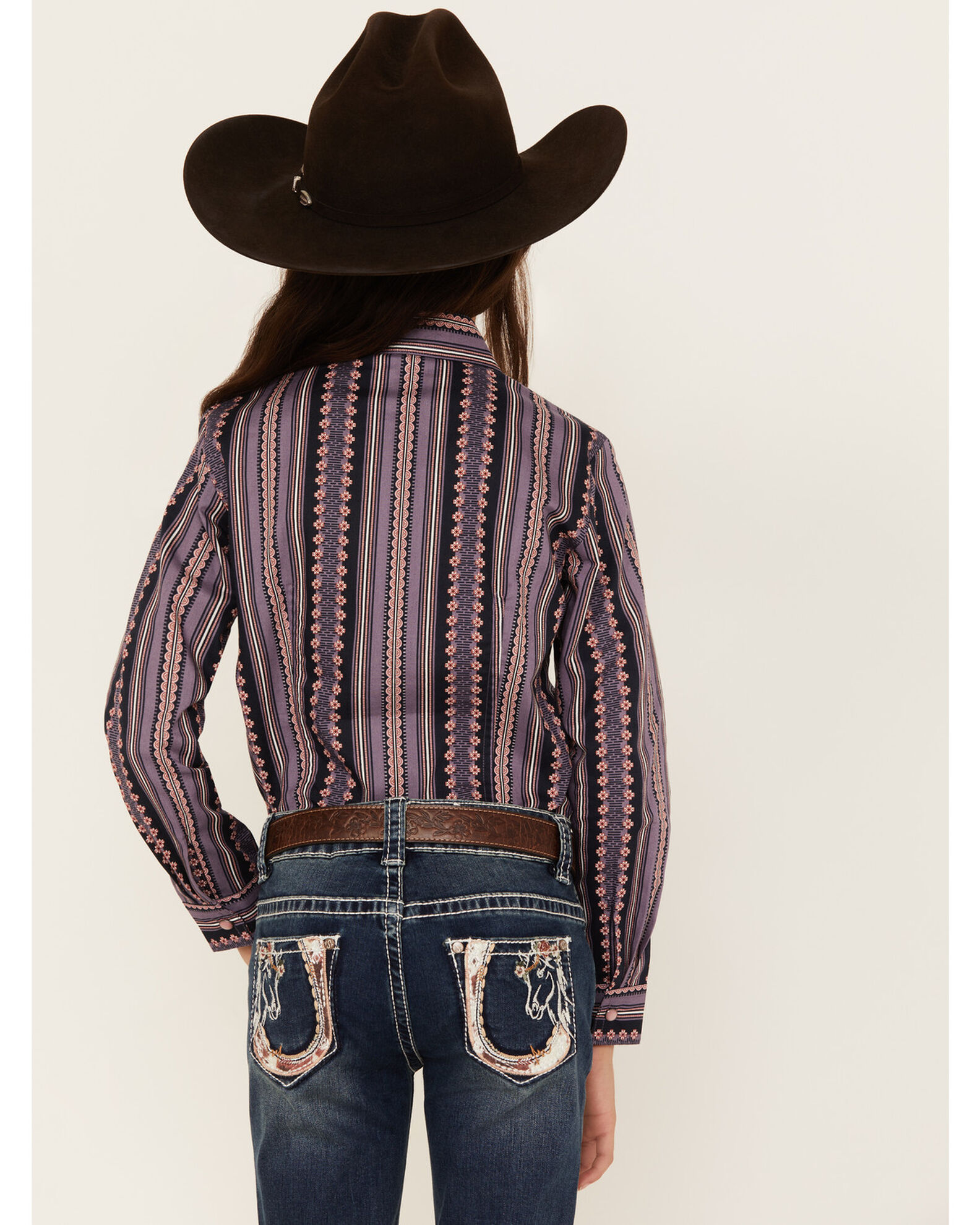 Image #4 - Cruel Girl Girls' Wallpaper Stripe Print Long Sleeve Western Pearl Snap Shirt, Purple, hi-res