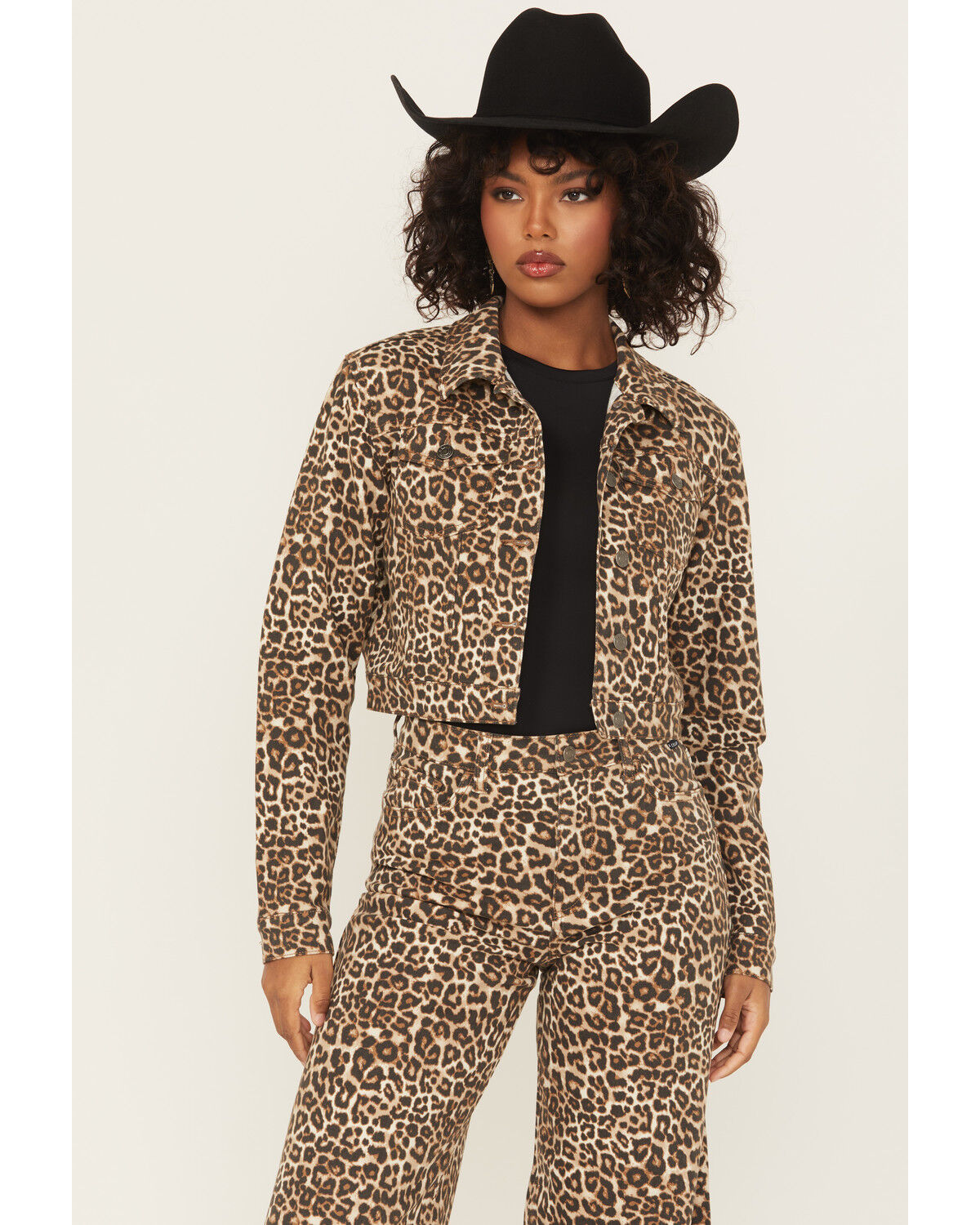 Image #2 - Cello Women's Leopard Print Oversized Cropped Denim Jacket, Leopard, hi-res