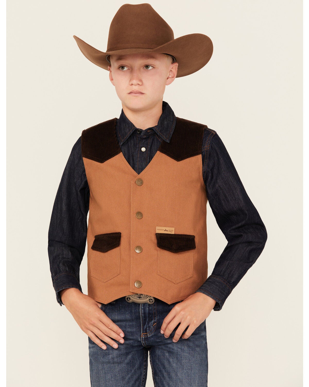 Powder River Outfitters Boys' Corduroy Vest, Camel, hi-res