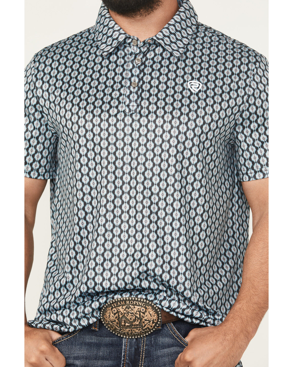 Image #3 - Rock & Roll Denim Men's Geo Print Short Sleeve Button-Down Stretch Polo Shirt, Black, hi-res