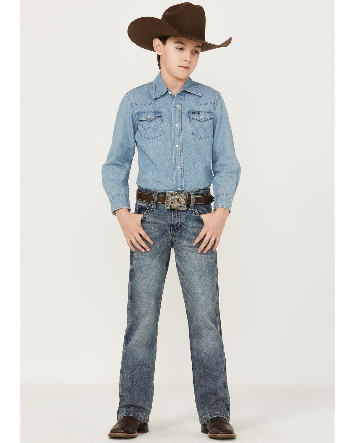 Wrangler Boys' Greeley Relaxed Bootcut Jeans, Blue, hi-res