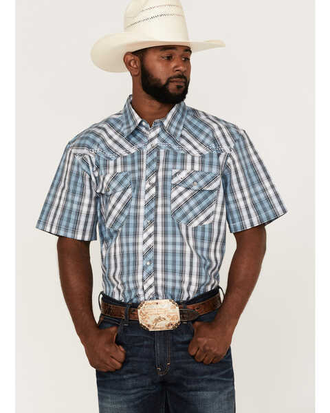 Cowboy Hardware Men's Arroyo Large Plaid Print Short Sleeve Snap Western Shirt , Steel, hi-res