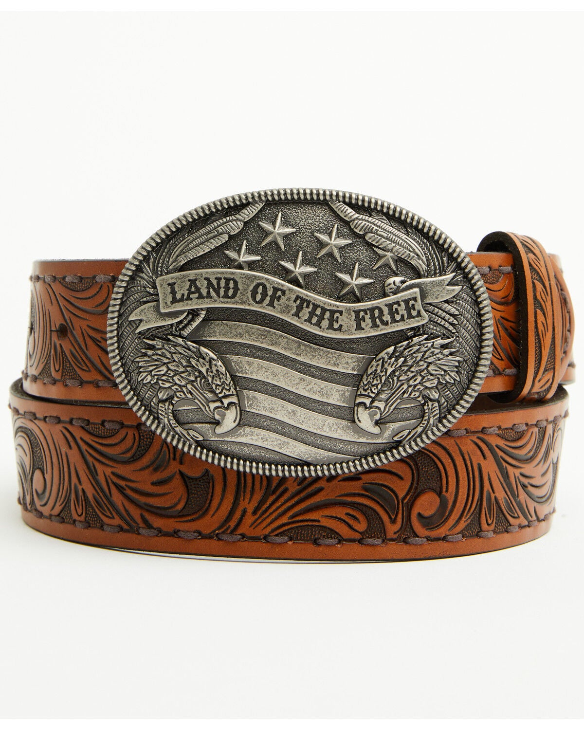 Cody James Men's Land of the Free Tooled Buckle Belt, Brown, hi-res