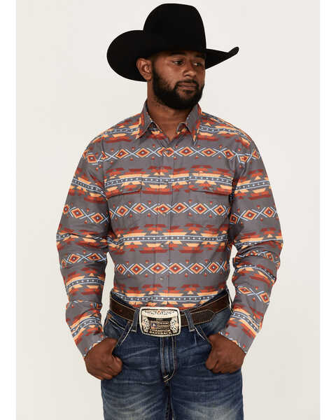 Tin Haul Men's Fire Southwestern Print Long Sleeve Snap Western Shirt , Grey, hi-res