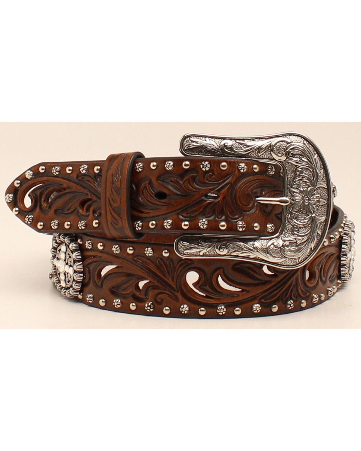 Ariat Women's 1 1/2" Embossed Concho Belt, Brown, hi-res