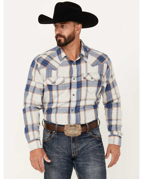 Cody James Men's Hunter Plaid Print Long Sleeve Snap Western Flannel, Blue, hi-res