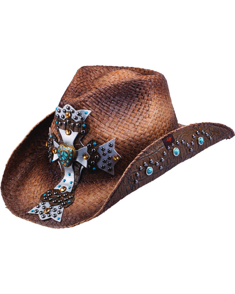 Peter Grimm Mischa Embellished Cross Straw Cowgirl Hat, Brown, hi-res