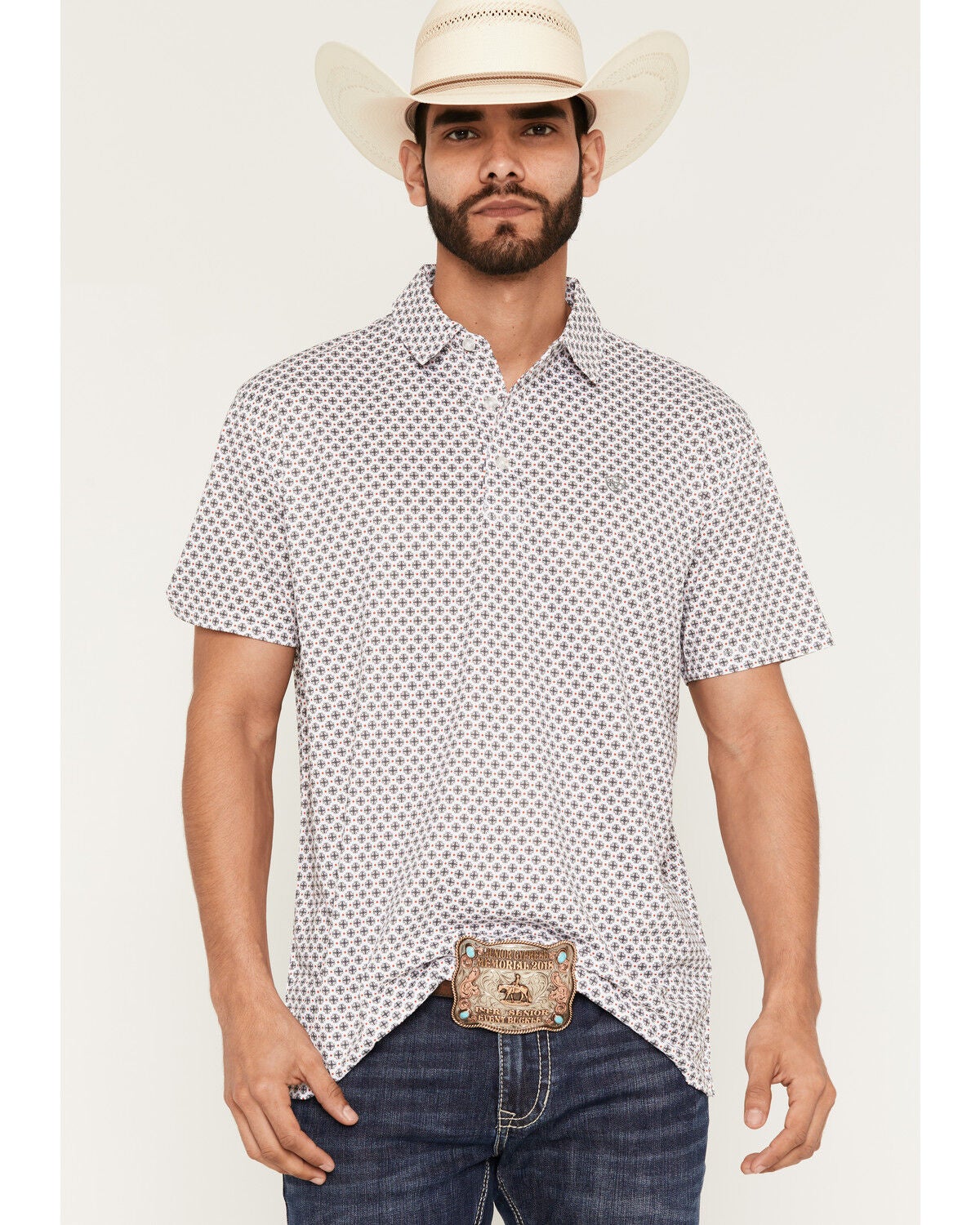 Ariat Men's All Over Medallion Print Classic Fit Short Sleeve Button-Down Polo Shirt, White, hi-res