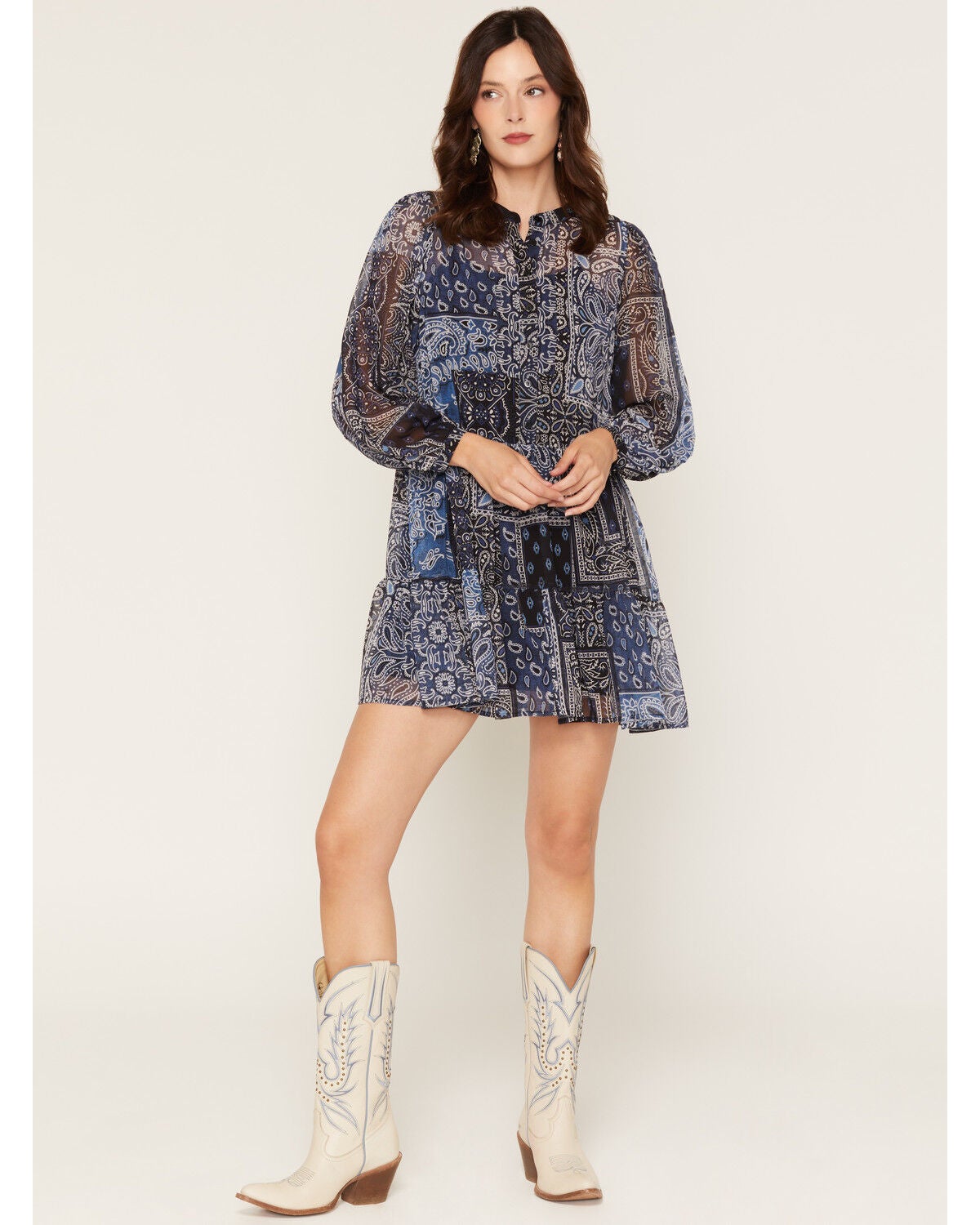 Image #1 - Lili Sidonio Women's Bandana Print Long Sleeve Button-Front Sheer Mini Dress, Navy, hi-res