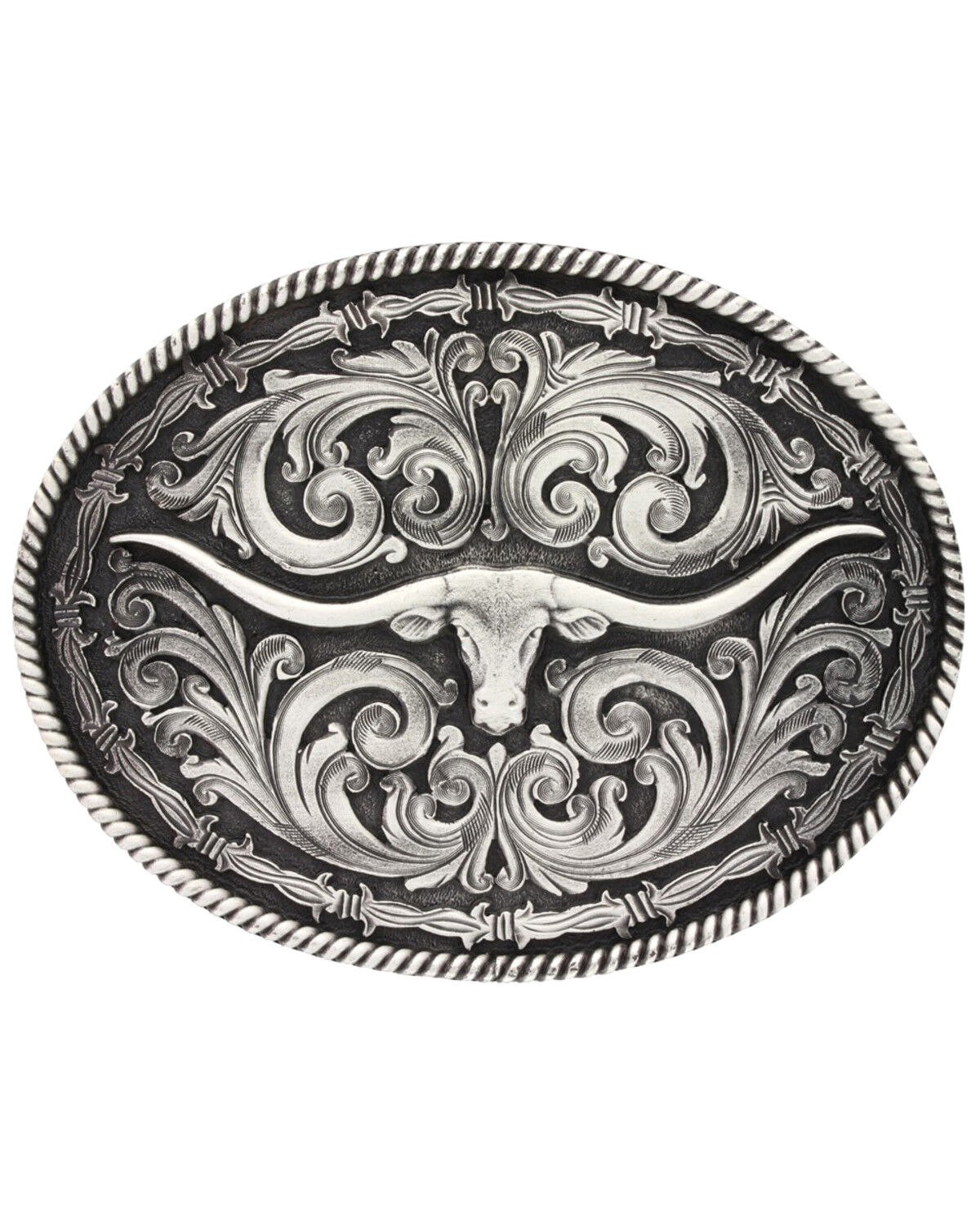 Image #1 - Montana Silversmiths Men's Barbed Wire Longhorn Classic Impressions Attitude Belt Buckle, Silver, hi-res