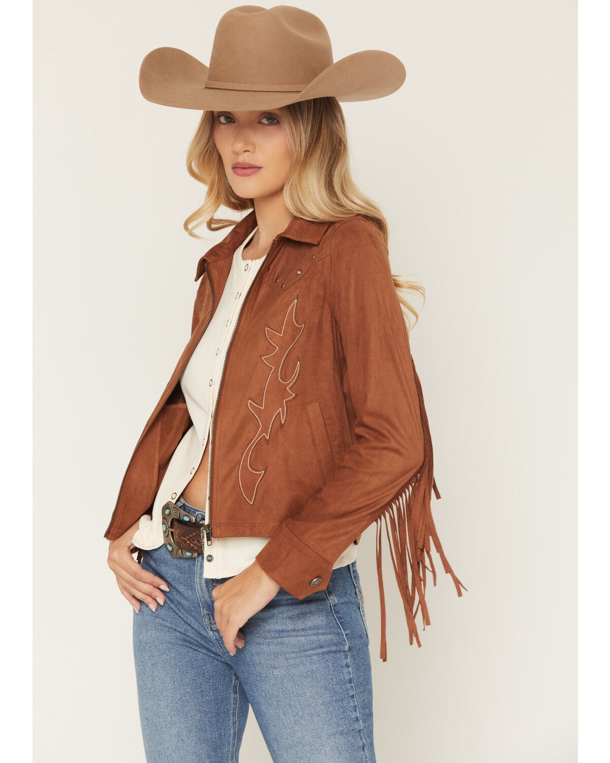 Image #4 - Idyllwind Women's Juniper Faux Suede Boot Stitched Fringe Zip-Up Jacket, Caramel, hi-res