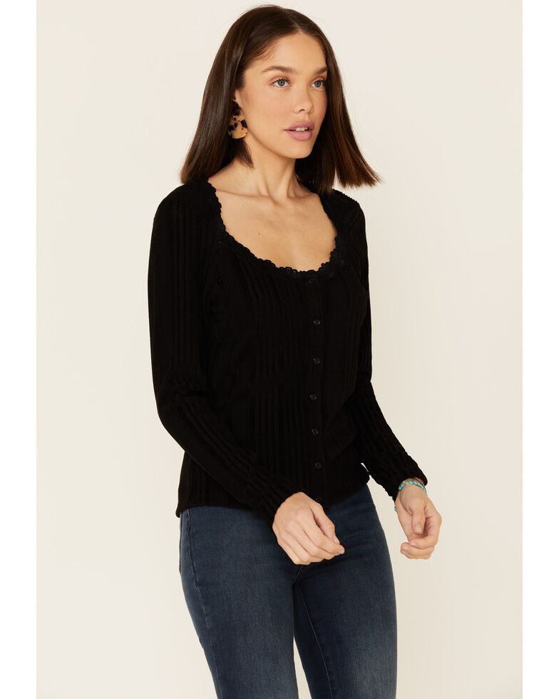 Wild Moss Women's Brushed Ribbed Lace Trim Long Sleeve Top , Black, hi-res