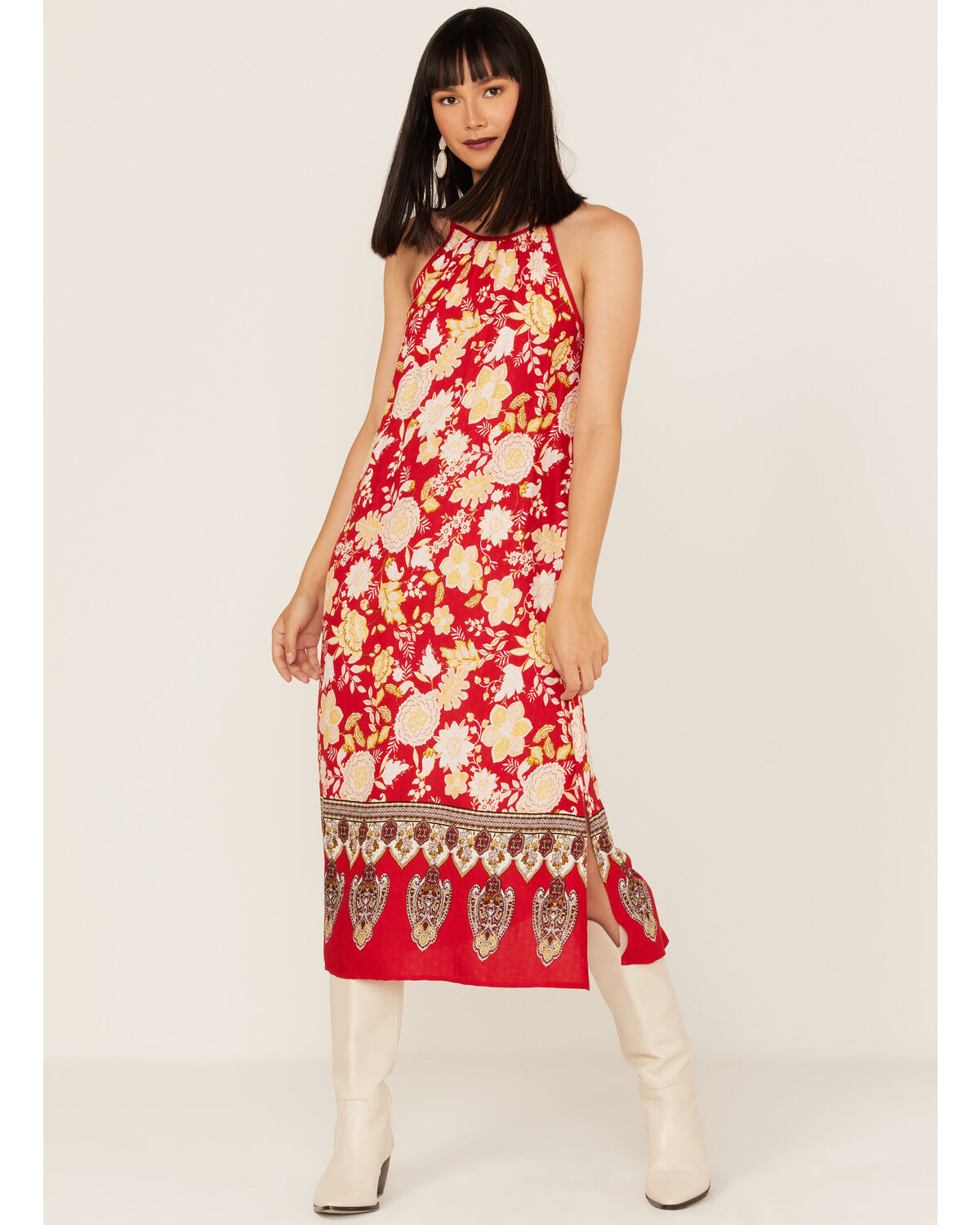 Image #1 - Band of the Free Women's Power of Peace Floral Print Halter Midi Dress, Red, hi-res