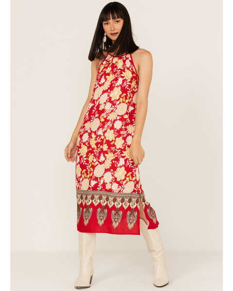 Band of Gypsies Women's Power of Peace Floral Print Halter Dress, Red, hi-res