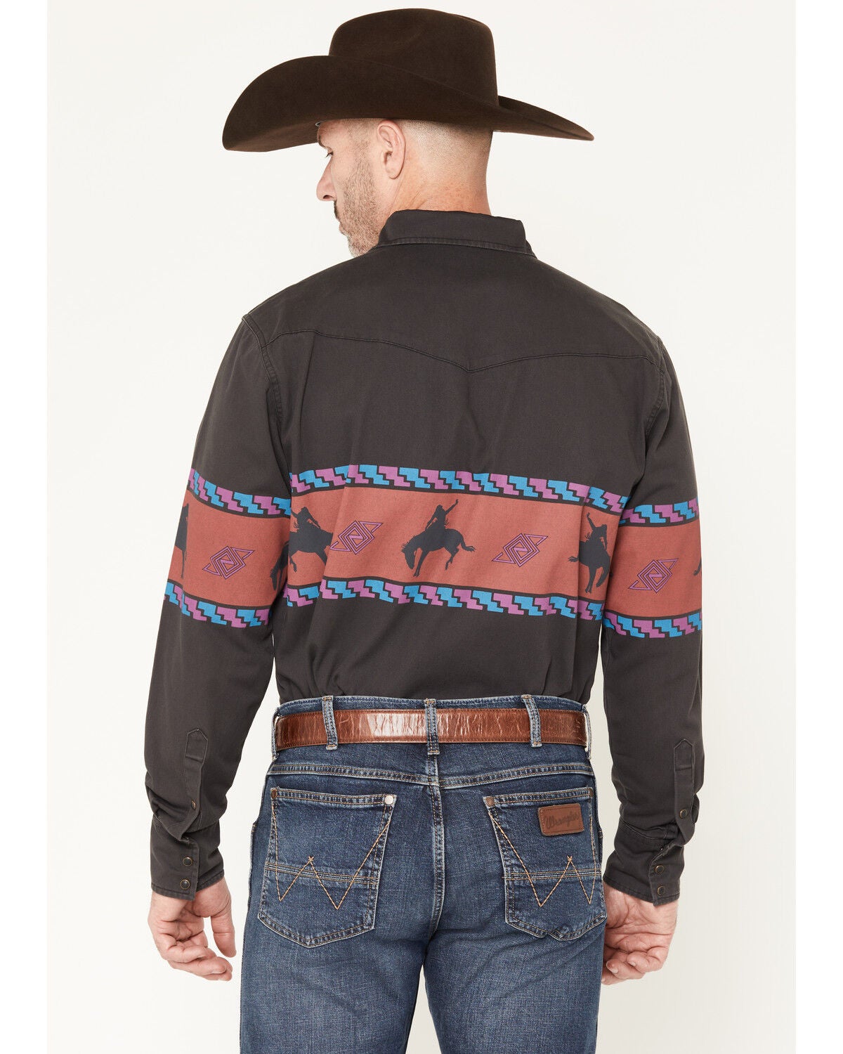 Image #4 - Wrangler Men's Horse Border Long Sleeve Snap Western Shirt, Black, hi-res