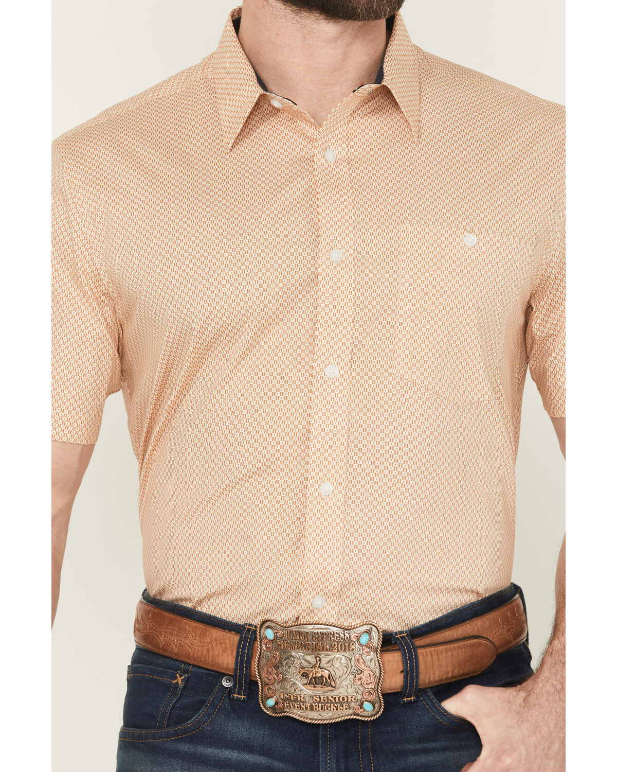 Image #3 - RANK 45® Men's Cowboy Co Geo Print Short Sleeve Button-Down Stretch Western Shirt, Camel, hi-res