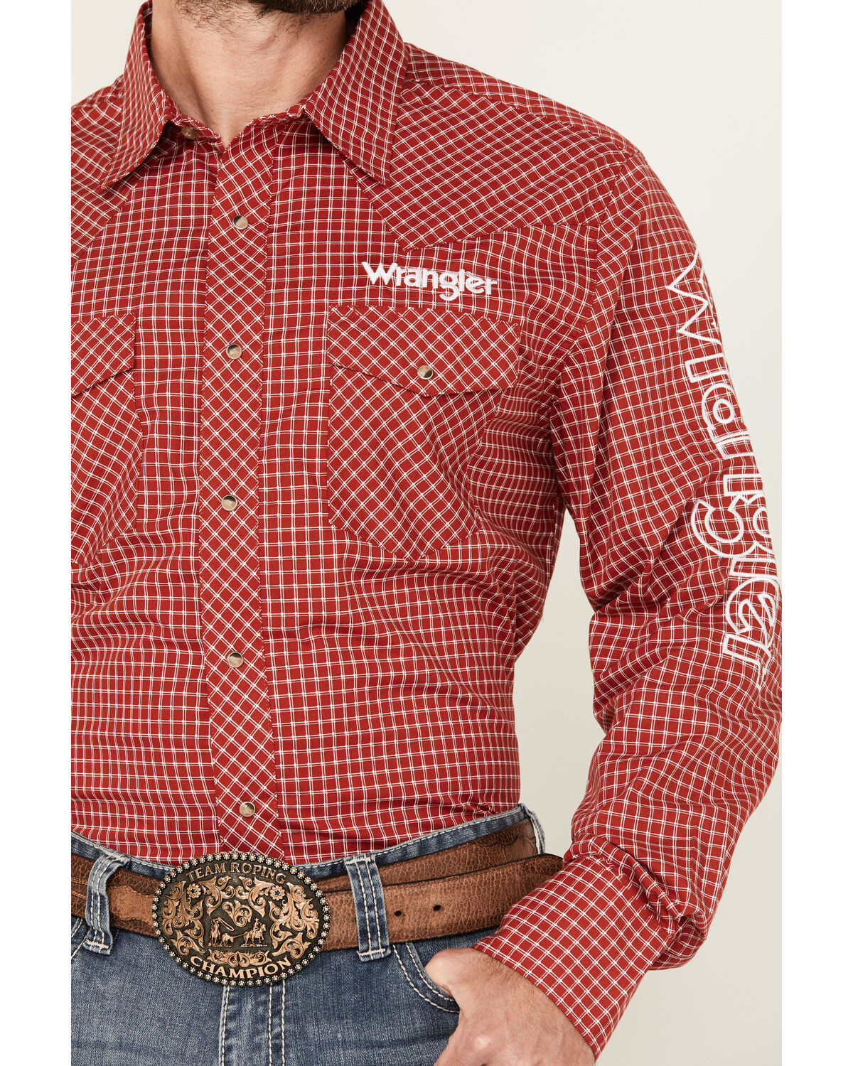 Image #3 - Wrangler Men's Logo Checkered Print Long Sleeve Snap Western Shirt - Tall, Red, hi-res