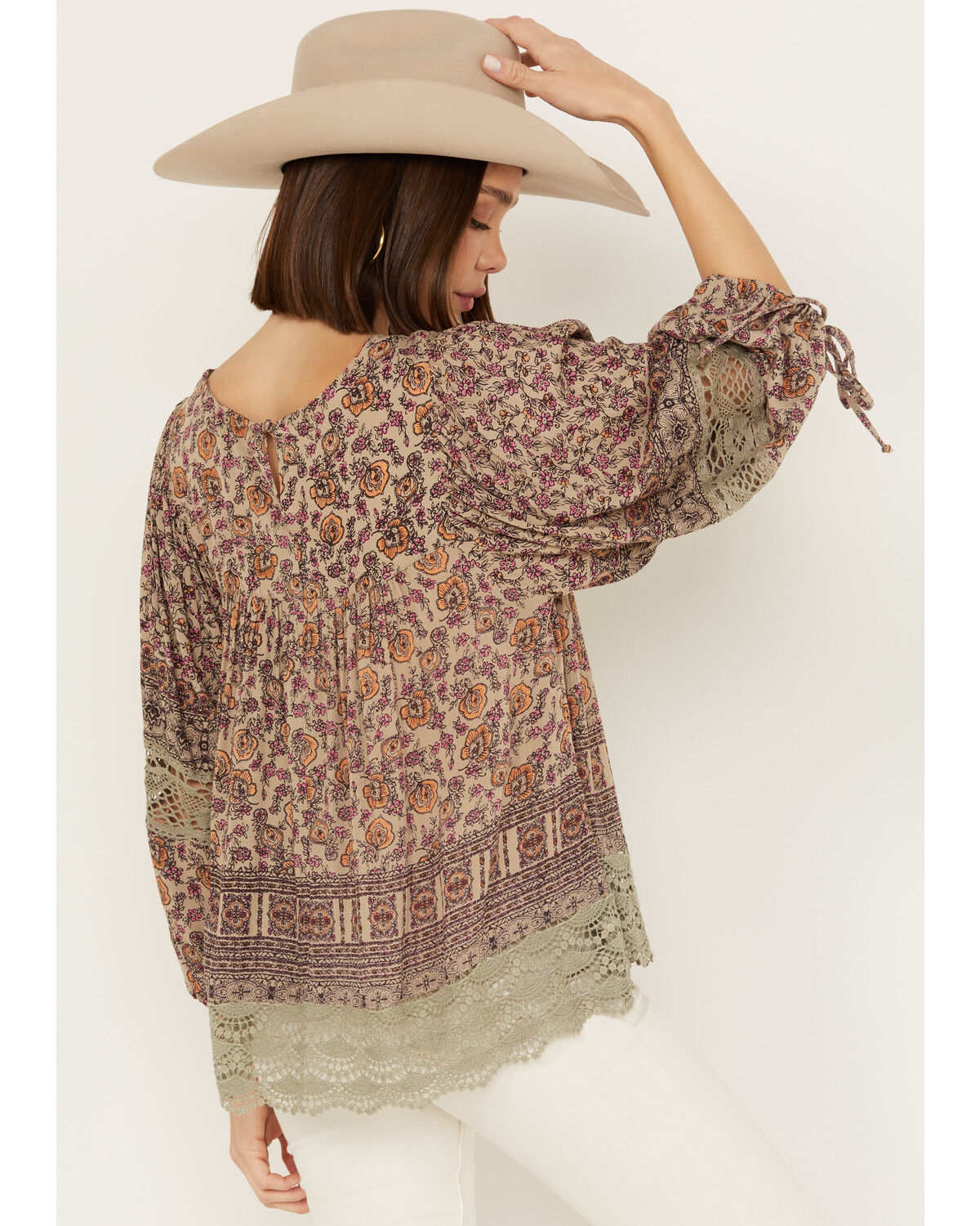 Image #4 - Angie Women's Long Sleeve Macrame Insert Floral Border Print Top, Rust Copper, hi-res