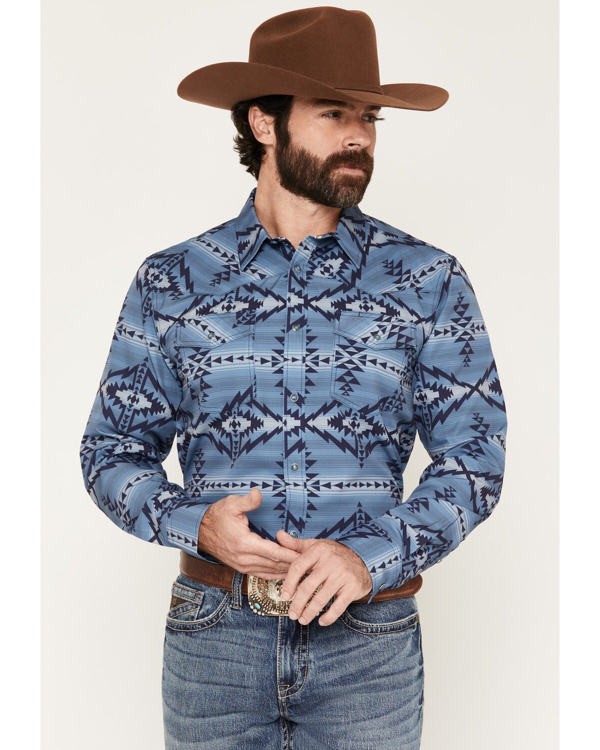 RANK 45&reg; Men's Blue Horizon RODEOTEK&trade; Southwestern Print Long Sleeve Snap Western Shirt, Medium Blue, hi-res