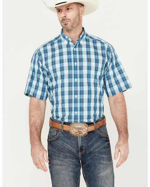 Ariat Men's Enzo Plaid Print Short Sleeve Button Down Western Shirt - Tall, Teal, hi-res