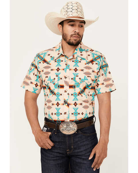 Rock & Roll Denim Men's Southwestern Print Short Sleeve Snap Stretch Western Shirt , Natural, hi-res